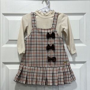 Tahari Cream and Brown Plaid Kids Dress
